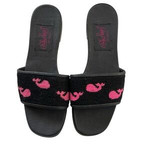 By Paige Needlepoint Toe Slide on whales embroidered artisan handcrafted sandals